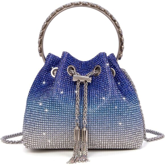 Women's Blue Crystal Rhinestone Modern Sparkly Wedding Crossbody Clutch